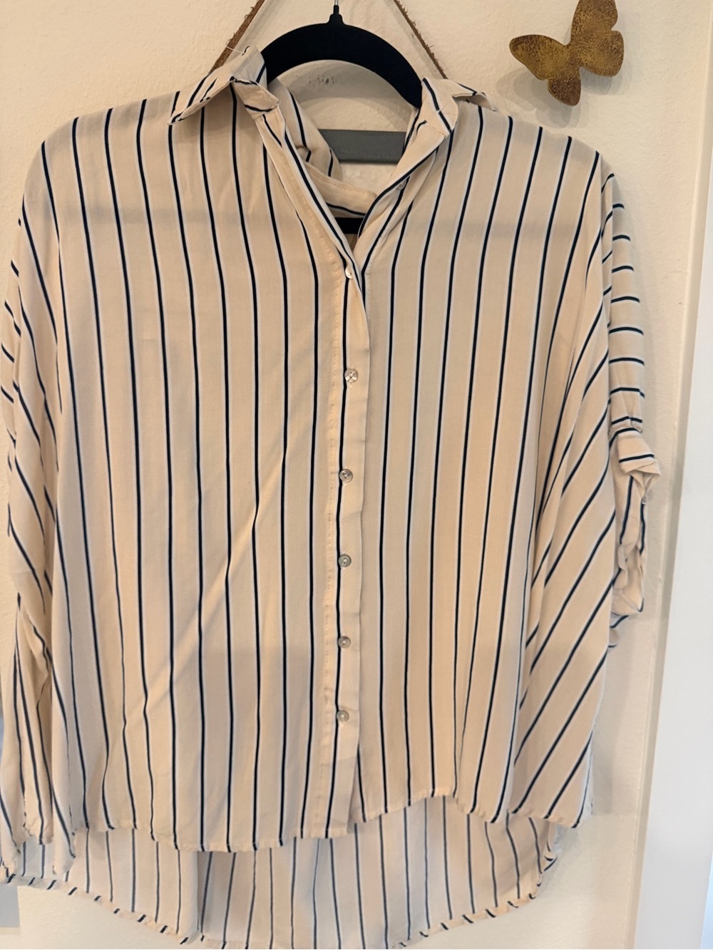 She and Sky Cream Blouse with Navy Pinstripes
